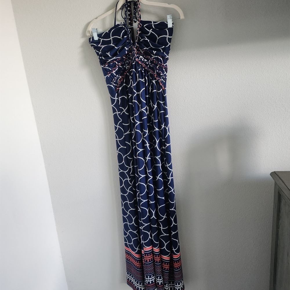 Mandarin Blue Resortwear Maxi Dress Womens XS Blue Halter Neck Chain Link Print
